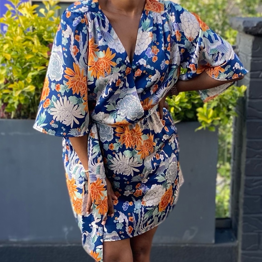 Blue Floral Dress with Yellow and Cream Blooms